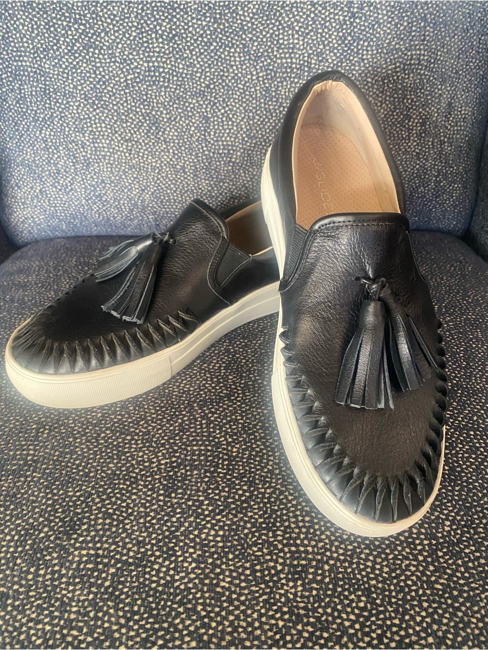 J Slides Black Leather Tassel Slip-On Sneakers with White Platform Sole